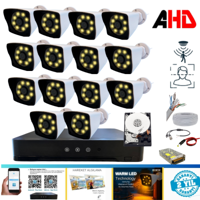 14 KAMERALI WARM LED GECE RENKLİ  GÖRÜŞLÜ 3.6MM 1 TB HDD DAHİL GÜVENLİK SETİ - 141W