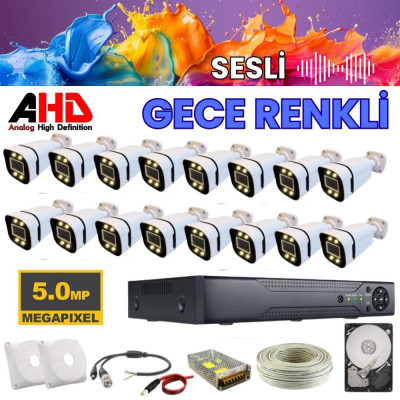 16 KAMERALI GECE RENKLİ SESLİ 5 MP 1 TB HDD DAHİL AHD GÜVENLİK KAMERA SETİ - ST1651WS