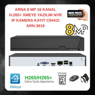 ARNA 8 MP 16 KANAL H.265+ XMEYE YAZILIM NVR IP KAMERA KAYIT CİHAZI ARN-3618