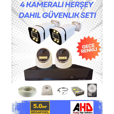 2 İÇ 2 DIŞ 4 KAMERALI GECE RENKLİ SESLİ 5 MP  250 GB HDD DAHİL AHD GÜVENLİK KAMERA SETİ - ST54250SW