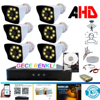6 KAMERALI 5MP LENS 1080P WARM LED GECE RENKLİ 1 TB HDD DAHİL GÜVENLİK SETİ - 261W