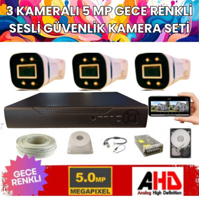 3 KAMERALI 5MP IŞIKLI GECE RENKLİ SESLİ 320 GB HDD DAHİL AHD GÜVENLİK SETİ- ST-35320