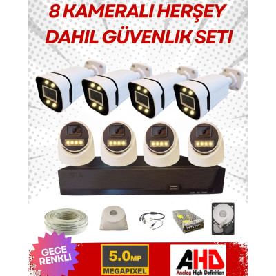 4 İÇ 4 DIŞ 8 KAMERALI GECE RENKLİ SESLİ 5 MP  500 GB HDD DAHİL AHD GÜVENLİK KAMERA SETİ - ST58500SW