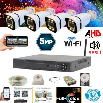 4 KAMERALI WIFI ÖZELLİKLİ  5MP IŞIKLI GECE RENKLİ SESLİ 2 TB HDD DAHİL AHD GÜVENLİK SETİ- ST-5420WS