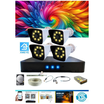 4 Kameralı Kare 4 Dış Kamera Set 320 GB HDD Dahil Full HD Renkli Gece Görüşlü Güvenlik Kamerası Sistemi