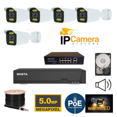 5 KAMERALI IP GÜVENLİK SETİ 5 MP SESLİ H.265+ FULL COLOR 2 TB HDD DAHİL