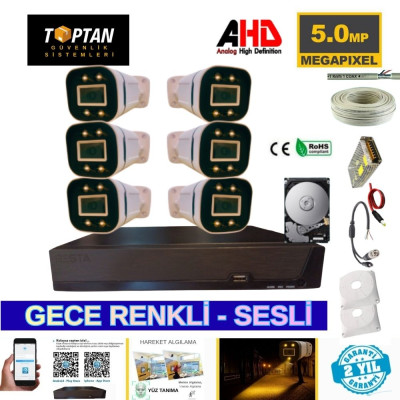 6 KAMERALI 5MP IŞIKLI GECE RENKLİ SESLİ 2 TB HDD DAHİL AHD GÜVENLİK SETİ- ST-5520M