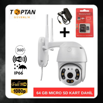 Dış Ortam Mini Speed Dome Wifi Güvenlik Kamerası İCSEE 64 GB Micro SD Kart ve Adaptör Dahil Arna-104264