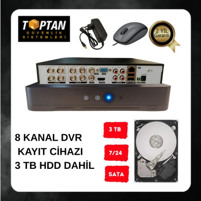 ARNA 8 KANAL 5 MP H.265+ AHD DVR XMEYE KAMERA KAYIT CİHAZI - 3 TB 7/24 GÜVENLİK HARDDİSKİ DAHİL