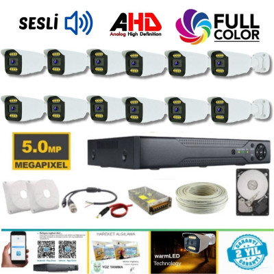 ARNA 12 KAMERALI 5 MP SESLİ 8 WARM LED GECE RENKLİ SU GEÇİRMEZ AHD GÜVENLİK SETİ 3 TB HDD DAHİL- ST-30012WD