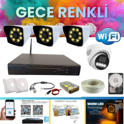 ARNA 3 DIŞ 1 İÇ 4 KAMERALI GECE RENKLİ WIFI OZELLİKLİ 2 TB HDD DAHİL GÜVENLİK KAMERA SETİ - ST02420WR