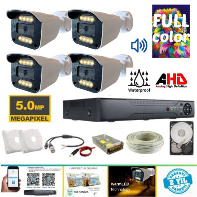 ARNA 4 KAMERALI 5 MP 8 WARM LEDLİ WATERPROOF AHD GÜVENLİK SETİ 250 GB HDD DAHİL- ST-25058