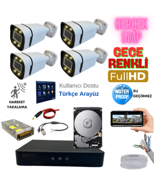 ARNA 4'LÜ GECE RENKLİ  GERÇEK 5 MP YÜZ TANIMALI H.265 KAMERA SİSTEMİ 250 GB HDD DAHİL-ST45250W