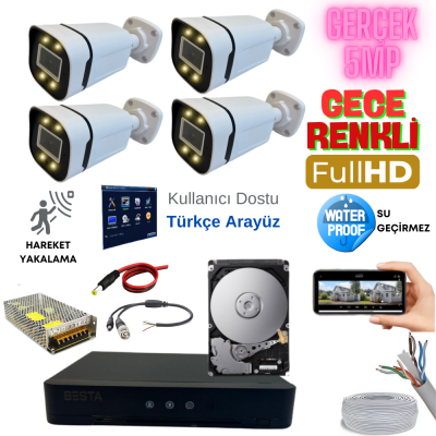 ARNA 4'LÜ GECE RENKLİ  GERÇEK 5 MP YÜZ TANIMALI H.265 KAMERA SİSTEMİ 250 GB HDD DAHİL-ST45250W