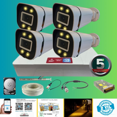 ARNA 5 MP 4 KAMERALI GECE RENKLİ SESLİ 1 TB HDD DAHİL AHD GÜVENLİK SETİ - ST125