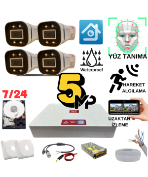 ARNA 5 MP GECE RENKLİ YÜZ TANIMA SESLİ H.265 1 TB HDD DAHİL 4 KAMERALI AHD GÜVENLİK SETİ - ST541L