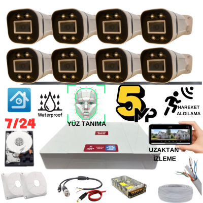 ARNA 5 MP GECE RENKLİ YÜZ TANIMA SESLİ H.265 1TB HDD DAHİL 8 KAMERALI AHD GÜVENLİK SETİ - ST851B