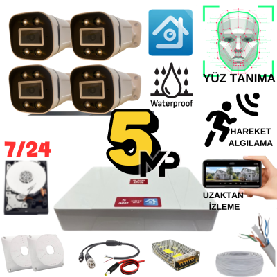 ARNA 5 MP GECE RENKLİ YÜZ TANIMA SESLİ H.265 320 GB HDD DAHİL 4 KAMERALI AHD GÜVENLİK SETİ - ST54320L