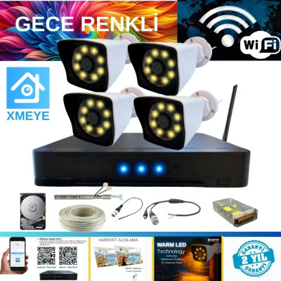 ARNA 5 MP LENS 2 MP 1080P GECE RENKLİ 4 KAMERALI WIFI ÖZELLİKLİ KAMERA SETİ 4 TB HDD - WF-40024W