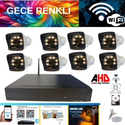 ARNA 5 MP LENS 2 MP 1080P GECE RENKLİ 8 KAMERALI WIFI ÖZELLİKLİ KAMERA SETİ 500 GB HDD - WF-50084W