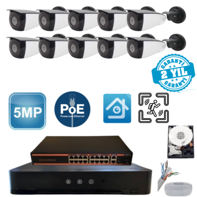ARNA 5MP 10 KAMERALI DIŞ MEKAN METAL KASA 320 GB HDD DAHİL IP GÜVENLİK SETİ - ST510320
