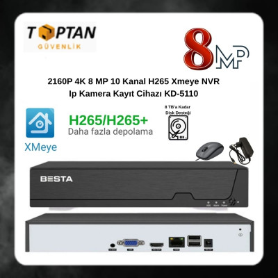 Besta 2160P 4K 8 MP 10 Kanal H265 Xmeye NVR Ip Kamera Kayıt Cihazı KD-5110