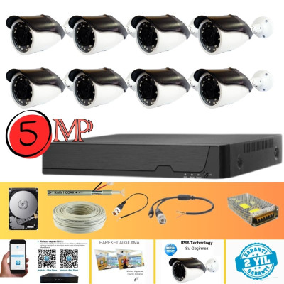 GERÇEK 5 MP METAL KASA 8 KAMERALI AHD GÜVENLİK SETİ 500 GB HDD DAHİL - ST85500GM