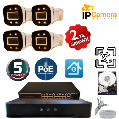 5MP 1440p Warm Led 4 Kameralı 1 TB Harddisk Dahil IP Poe Güvenlik Kamerası Seti - ST-541TW