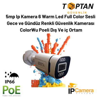 5mp Ip Kamera 6 Warm Led Full Color Sesli Gece ve Gündüz  Renkli Güvenlik Kamerası ColorWu Poeli Dış Ve iç Ortam BT-1506