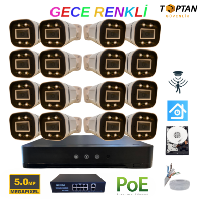 5MP 1440p Warm Led 16 Kameralı 1TB Harddisk Dahil IP Poe Güvenlik Kamerası Seti - ST-5161TBW
