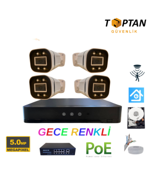 5MP 1440p Warm Led 4 Kameralı 500GB Harddisk Dahil IP Poe Güvenlik Kamerası Seti - ST-54500W