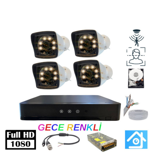 ARNA 2 MP 4'LÜ WATERPROOF 500 GB DARD DİSK DAHİL AHD WARM LED GÜVENLİK KAMERASI SETİ - ST24500W