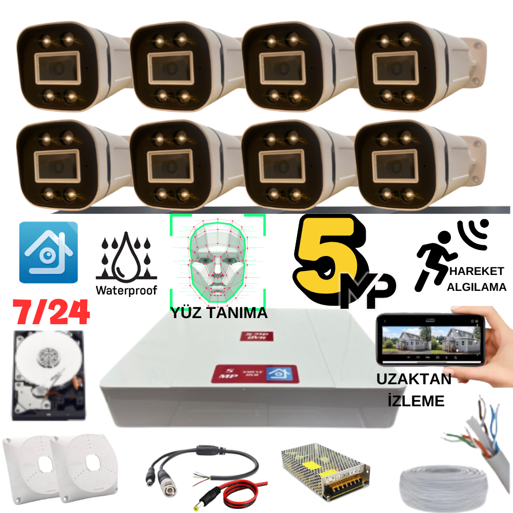 ARNA 5 MP GECE RENKLİ YÜZ TANIMA SESLİ H.265 1TB HDD DAHİL 8 KAMERALI AHD GÜVENLİK SETİ - ST851B