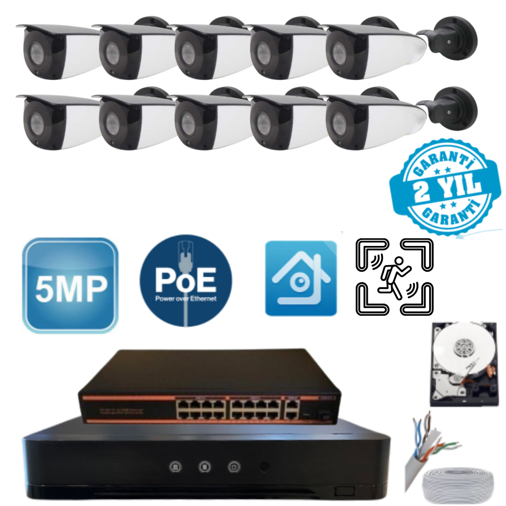 ARNA 5MP 10 KAMERALI DIŞ MEKAN METAL KASA 250 GB HDD DAHİL IP GÜVENLİK SETİ - ST510250