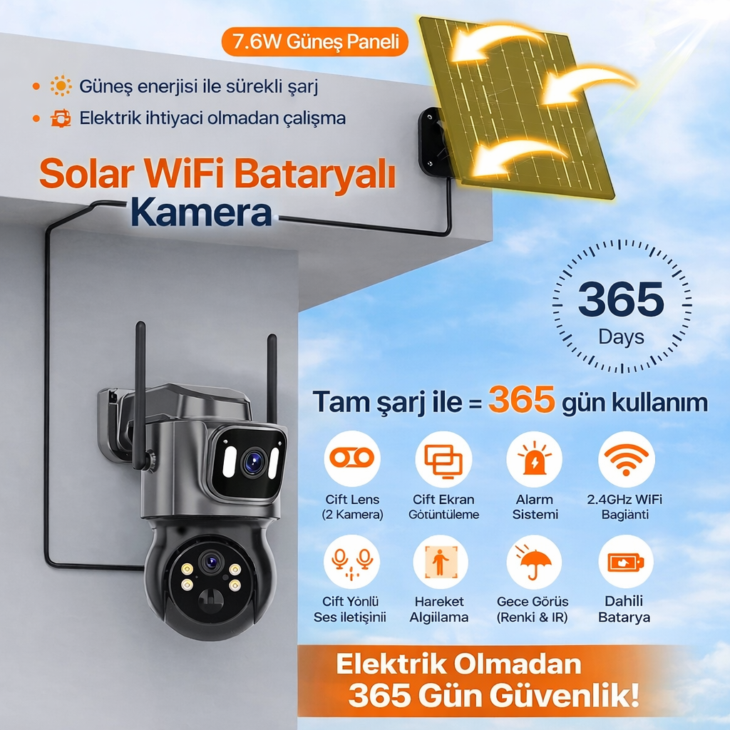 ARNA 3+3 MP ÇİFT KAMERALI WIFI ÖZELLİKLİ SOLAR SYSTEM GÜNEŞ PANELLİ GÜVENLİK KAMERASI - 2092 görünüm