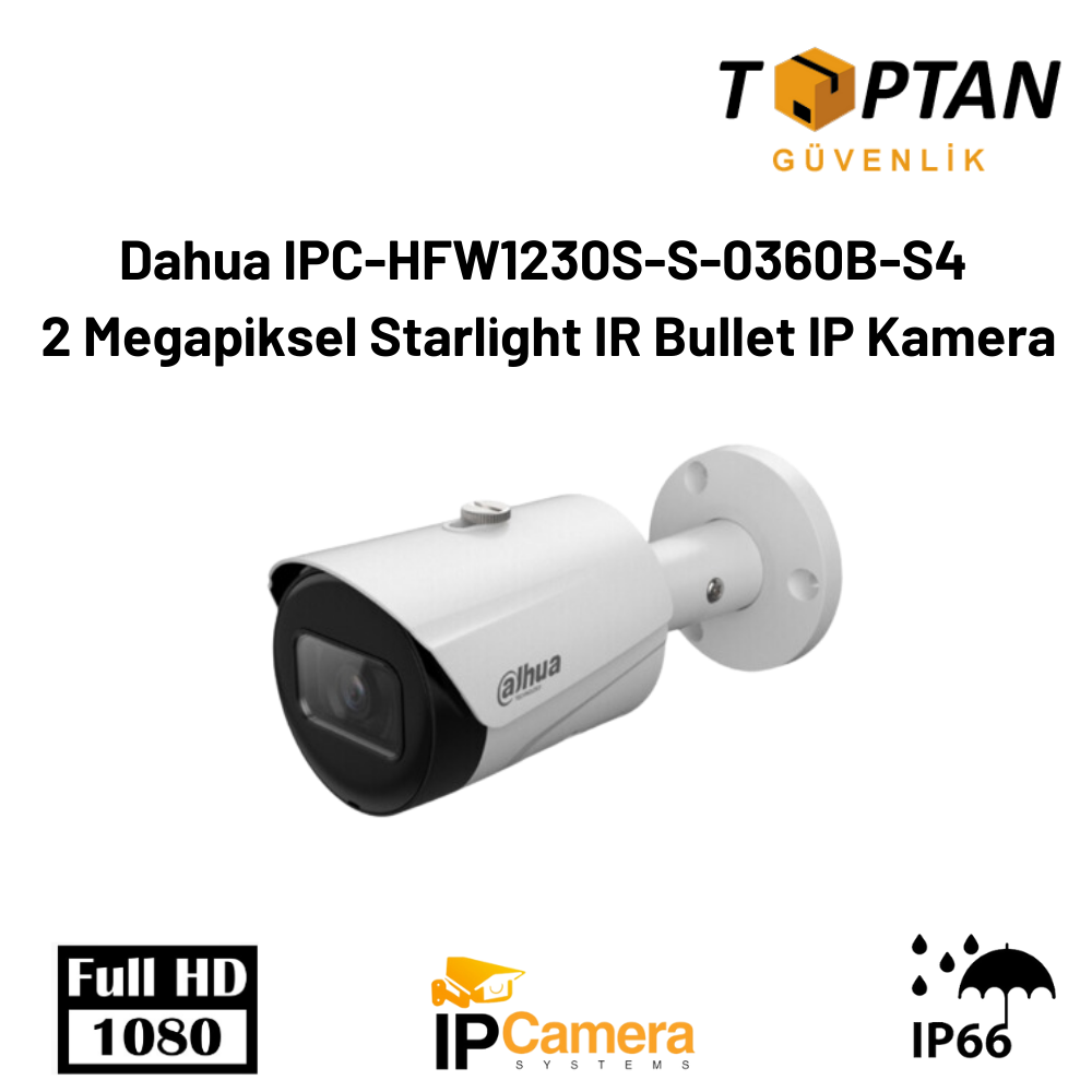 Dahua IPC-HFW1230S-S-0360B-S4 2 Megapiksel Starlight IR Bullet IP Kamera