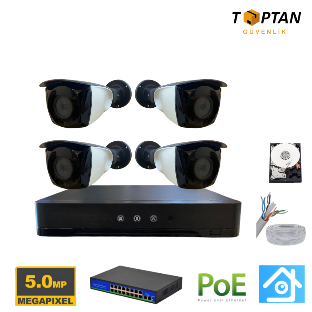 5MP 1440p 4 Kameralı 500GB Harddisk Dahil IP Poe Güvenlik Kamerası